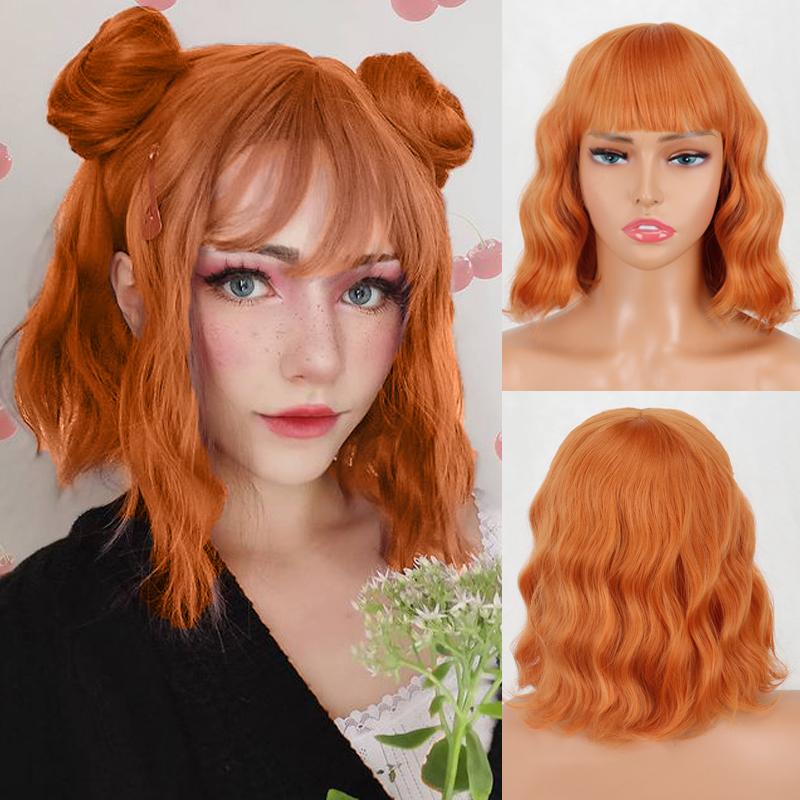 MERISIHAIR Women Short Bob Natural Wavy Pink Wig with Bangs Synthetic Fiber Short Water Wave Wig Daily Wear Cosplay