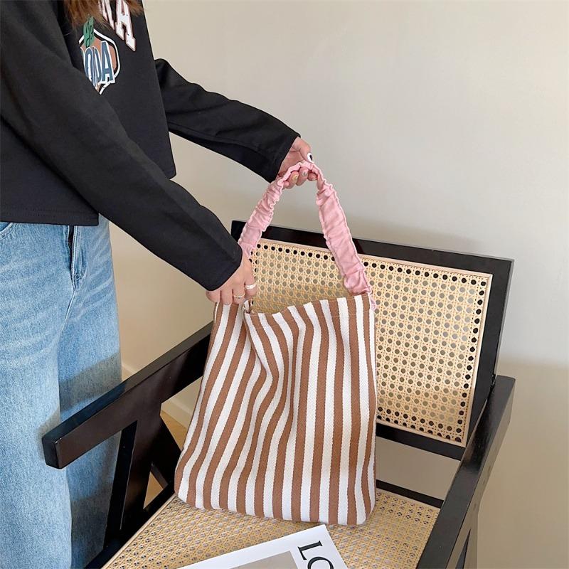 1 Summer Small Fresh Shoulder Canvas Bag New Contrasting Stripes Large Capacity Pleated Shoulder Strap Tote Bag
