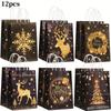 6/12Pcs Gold Black Kraft Gift Bags with Handle Elk Snowflake Christmas Tree Bronzing Paper Bag Merry Christmas Party Favors Bag