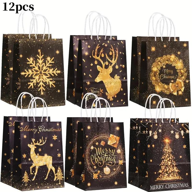6/12Pcs Gold Black Kraft Gift Bags with Handle Elk Snowflake Christmas Tree Bronzing Paper Bag Merry Christmas Party Favors Bag