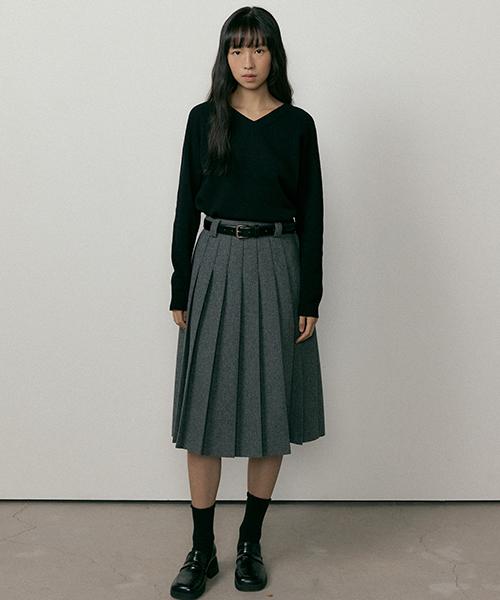 Lingseoul Wool Pleated Midi Skirt-Charcoal