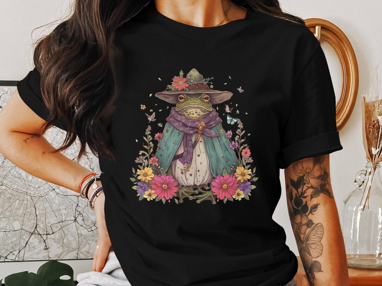 Cottagecore Frog Witch Graphic Tee, Whimsical Frog Shirt, Magical Frog T-Shirt, Floral Frog Clothes, Nature Inspired Frog Design S
