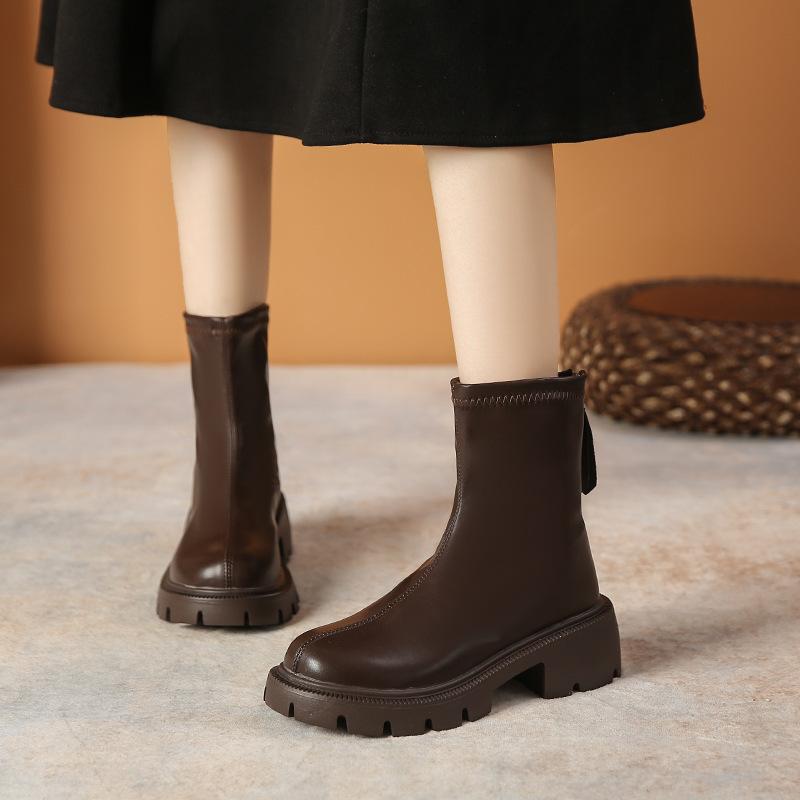 thick-soled Martin boots women's new spring and autumn single boots rear zipper round head thick heel thin short boots