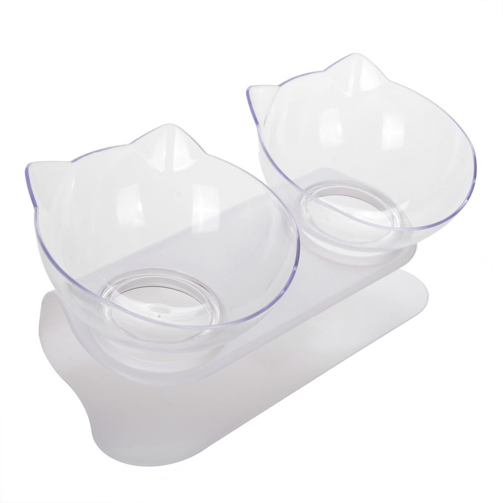 Double Cute Elevated Cat Bowls With Stand Neck Guard Pet Food Water Feeder Bowl For Small Cats Dogs Black White Transparent