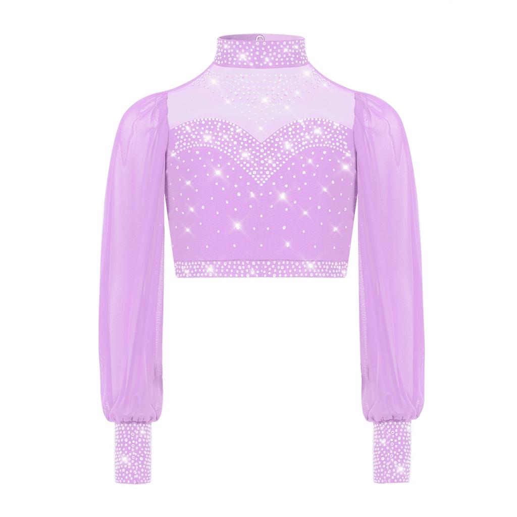 Mädchen Mesh Tanztop Langarm Stehkragen Ausschnitt Rücken Strass Crop Top für Lyrische Ballett Aufführung