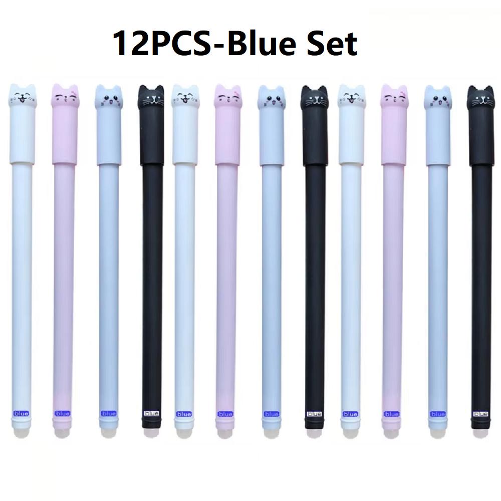 4-12PCS Cute Cat Pens Kawaii Erasable Gel Pens Set 0.5mm Blue/Black Ink Ballpoint Pens School Office Supplies Writing Stationer