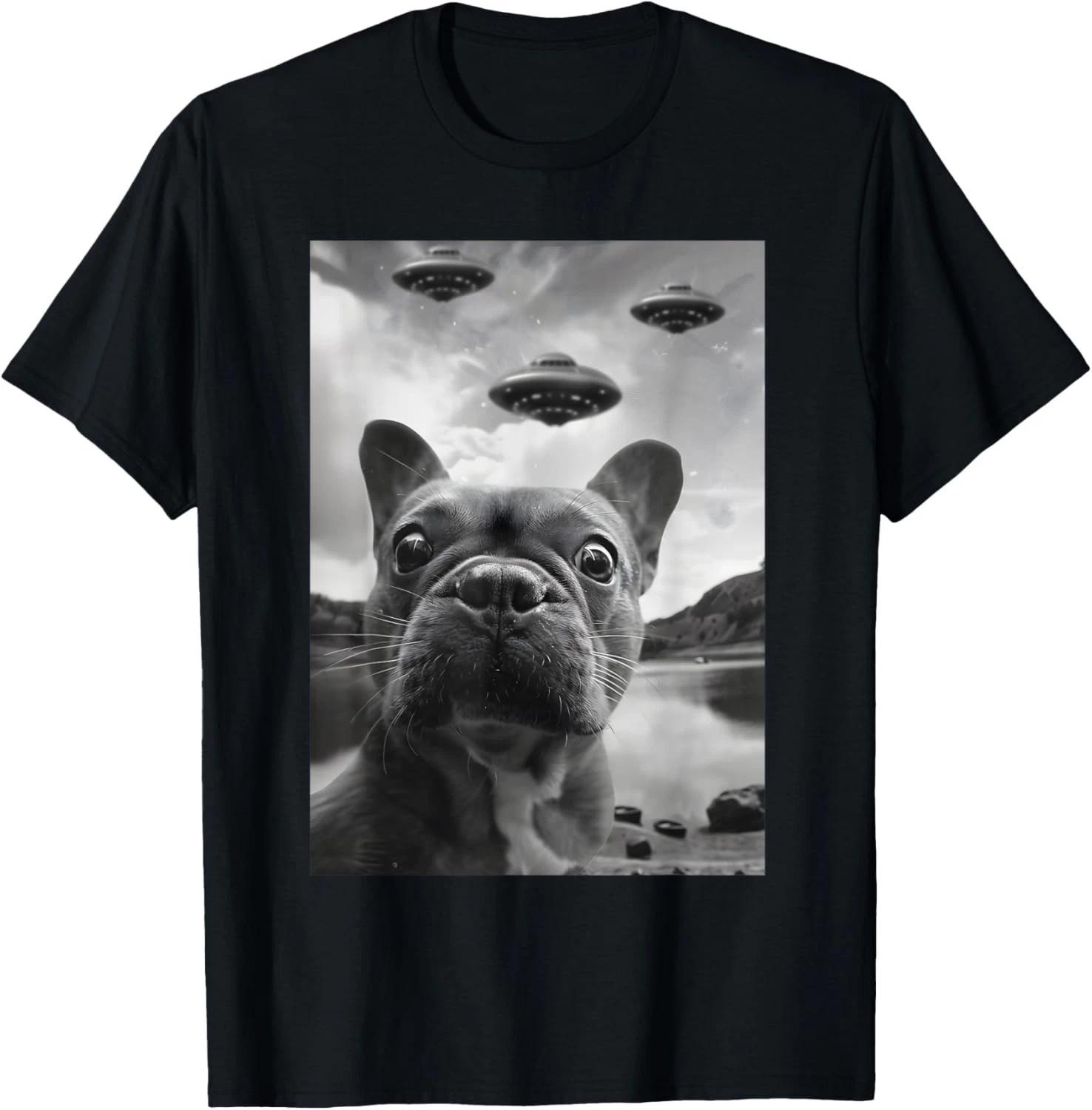 

Funny French Bulldog Selfie with UFOs Weird Puppy Dog Gift Unisex T-Shirt M