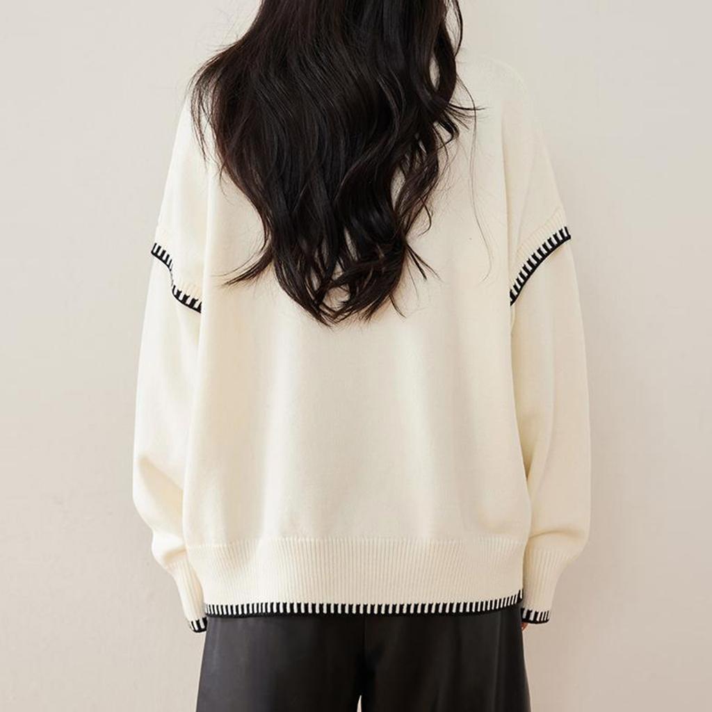 Women's Fashionable Casual Versatile Lazy Style Contrast Round Neck Pullover Long Sleeve Loose Knitted Sweater