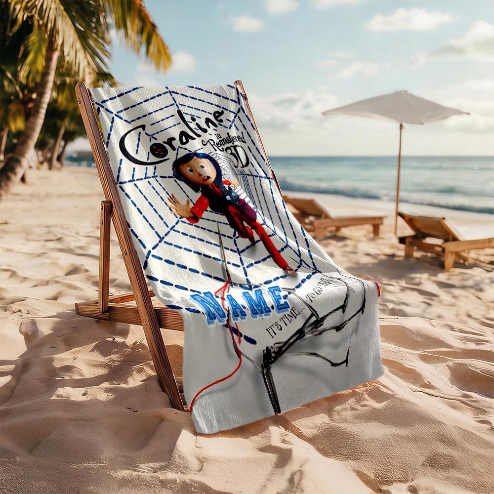 Coraline's Web Adventure Customized Name Beach Towel High Absorbency & Quick-Dry Perfect for Traveling Yoga Camping and Swimming
