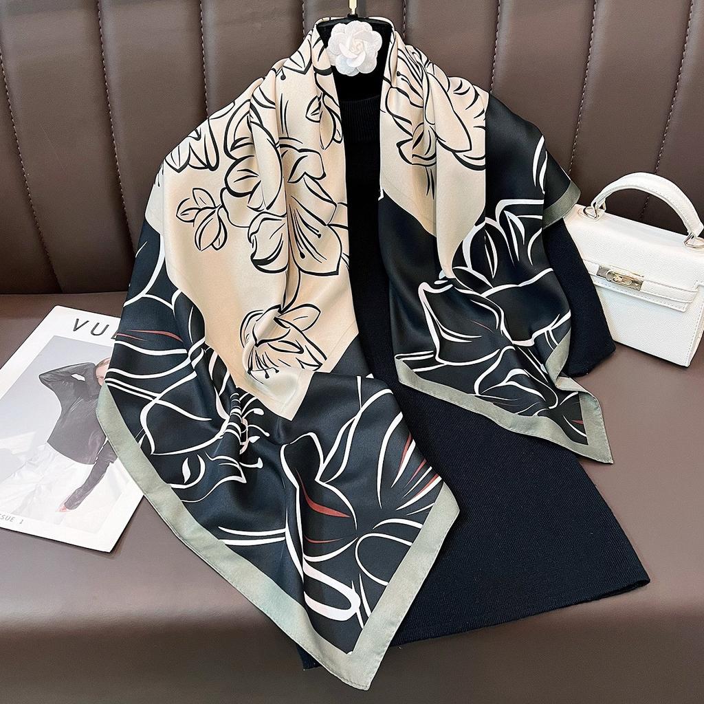90CM Large Square Scarf Women Silk Feel Twill Neck Scarf Spring Autumn Fashion Shawl Wrap Decorative Outerwear
