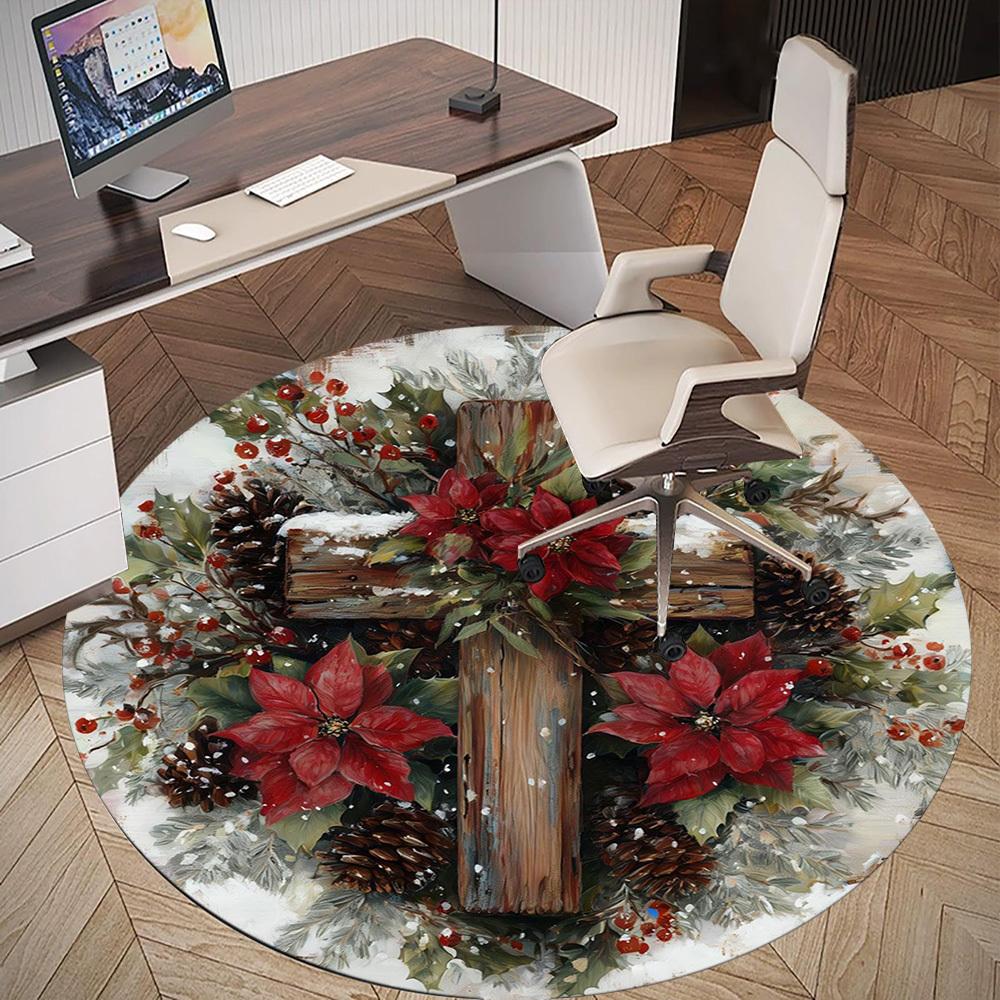 1pc Christmas wreath cross Round Chair mat office Area Rug - Non-Slip, Floor Mat for Office, Bedroom, Ideal home decor gift c0112132
