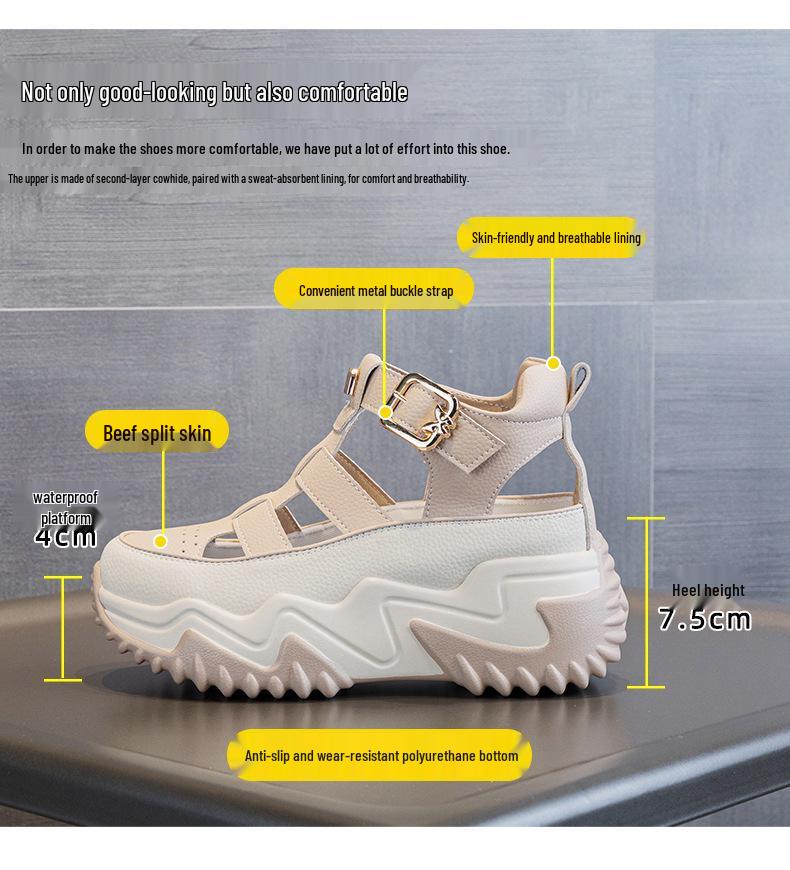 2024 Damen Echtleder Atmungsaktive Höhenvergrößernde Sandalen, 7 cm Dicke Sohle, Vielseitig & Lässig