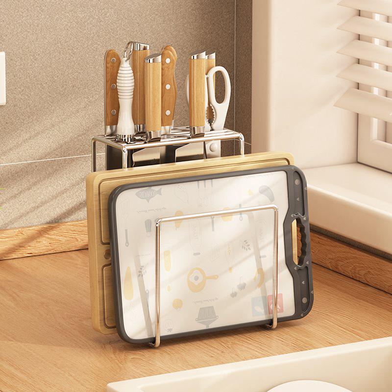 304 Stainless Steel Countertop Knife and Chopstick Holder with Integrated Storage for Cutting Boards.