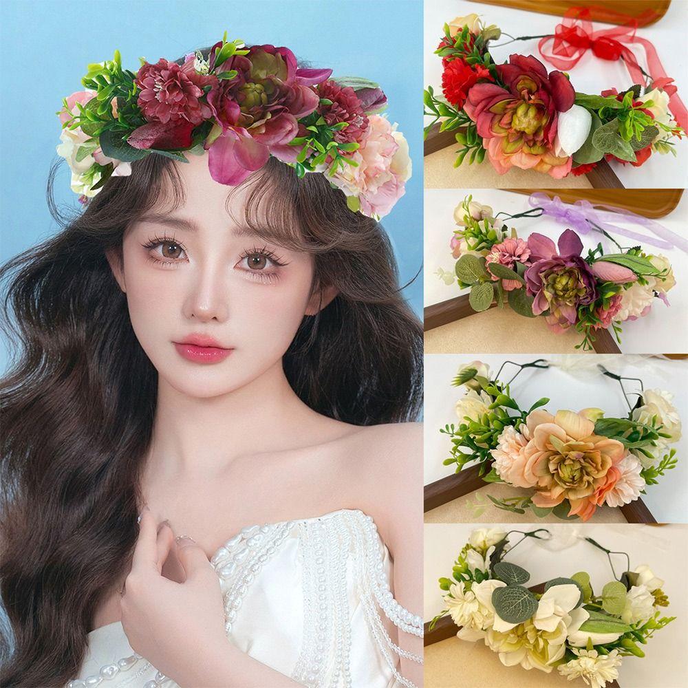 Bohemian Festival Wedding Flower Crown Photo Props Rose Green Leaf Floral Headpiece Hair Wreath Spring