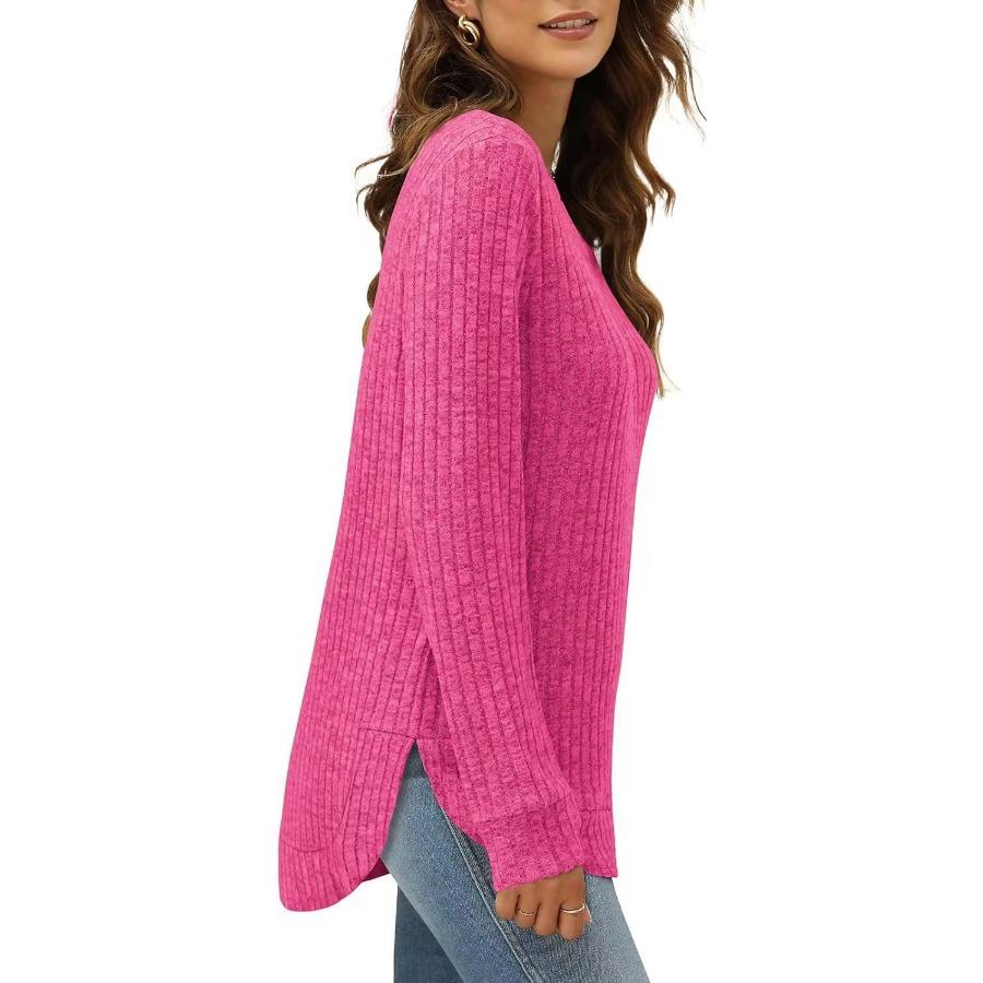 Autumn Winter Square Neck Stretch Rib Knit Top Solid Color Long Sleeve Loose T-shirt