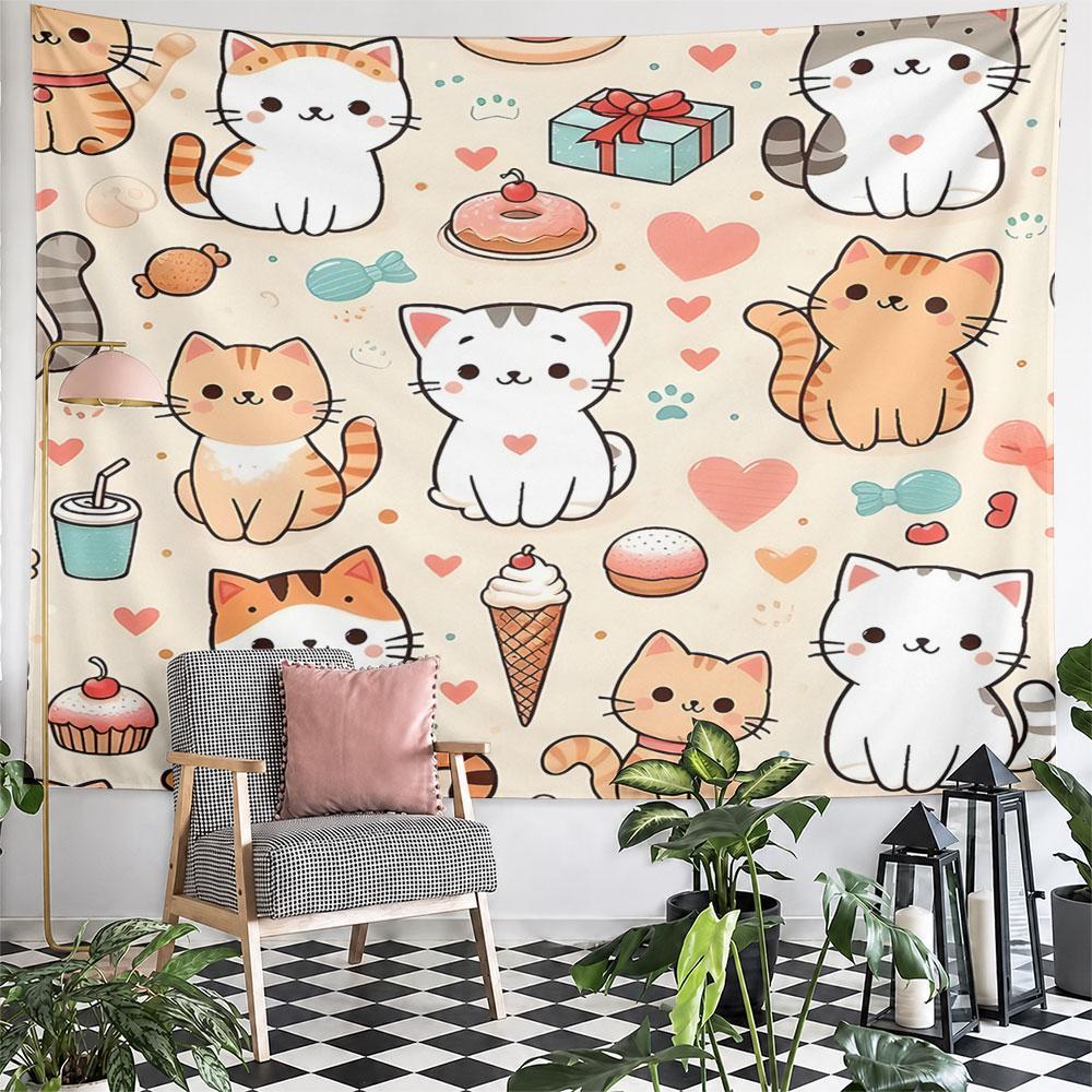 Cute Cats and Sweets Pattern Tapestry Pattern Wall Hanging Tapestry Decorative Tapestry Home Decor for Bedroom and Living Room