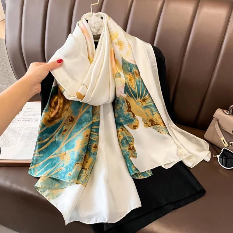 Spring and Summer Thin Silk Scarf High-end Printed Long Scarf New Satin Travel Sunscreen Scarf National Style Cloak