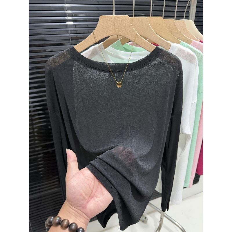 New Ice Silk Cool Tulle Long-sleeved Sunscreen Blouse Women's Fashion Versatile Breathable Solid Color T-shirt Top Summer