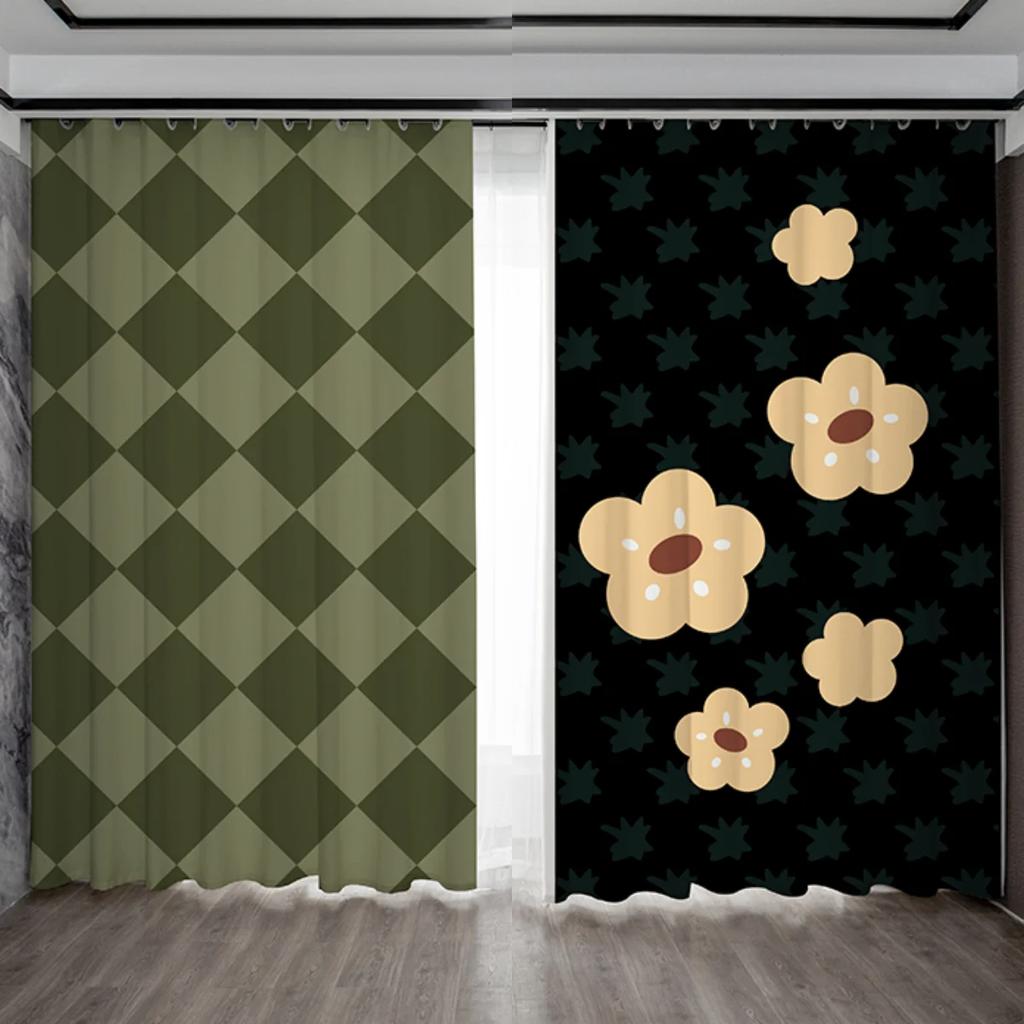 Black Blue Green Flower Chequered High Blackout Curtain Bedroom Space Living Room Hotel Window Curtain Thick Blackout Curtain Multicolor