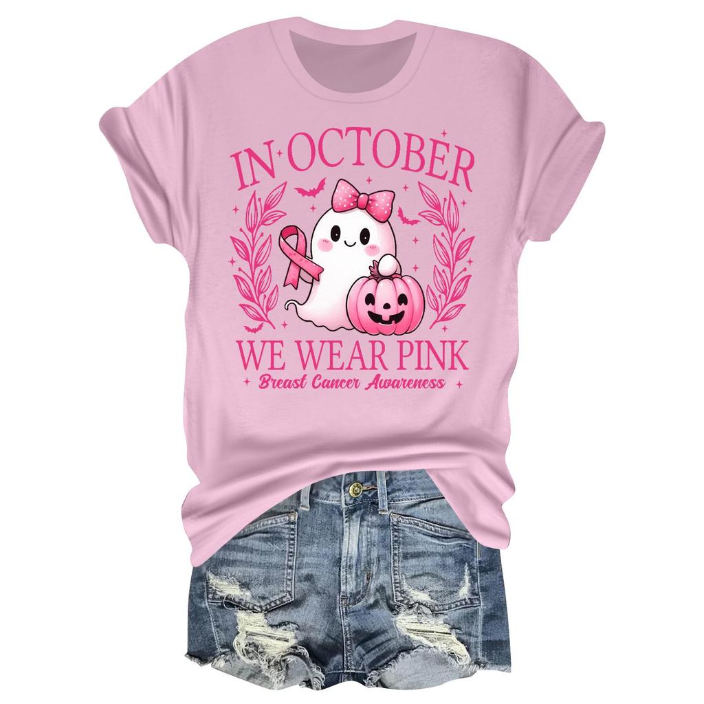 Women's Casual Halloween Breast Print T-Shirt Round Neck Pullover Short Sleeve Top