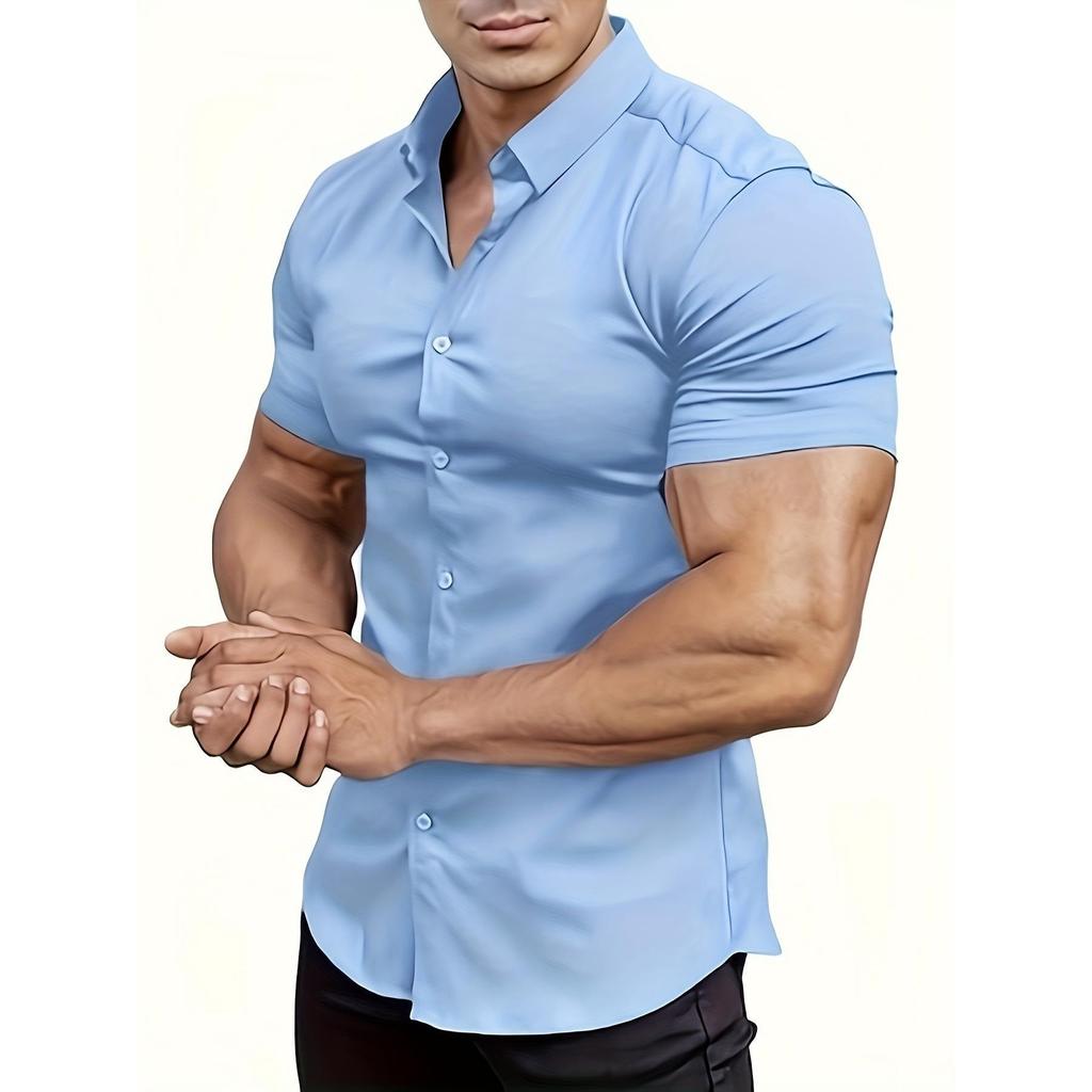 Men Short Sleeve Turn Down Collar Solid Casual Shirt