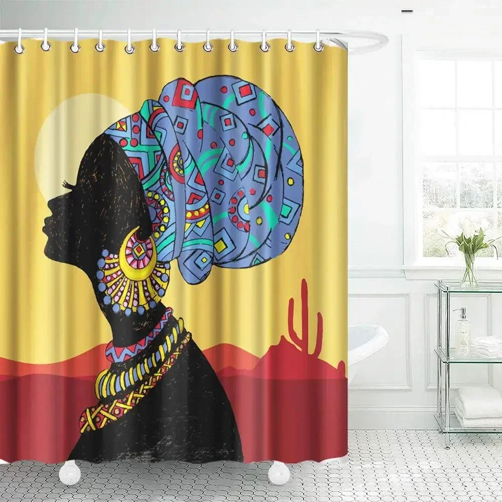 African Egyptian Women Shower Curtain with 12 Hooks African Girl Shower Curtain Waterproof Durable Afro Lady Shower Curtains Set