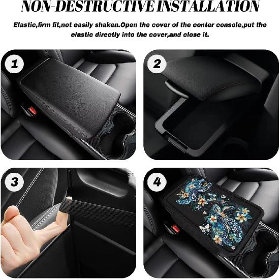 Dreaweet Sea Turtle Car Accessories Center Console Cover Black Car Arm Rest Cover,Car Armrest Box Pad with Pockets,Soft Comfy Arm Rest Cushion Pads