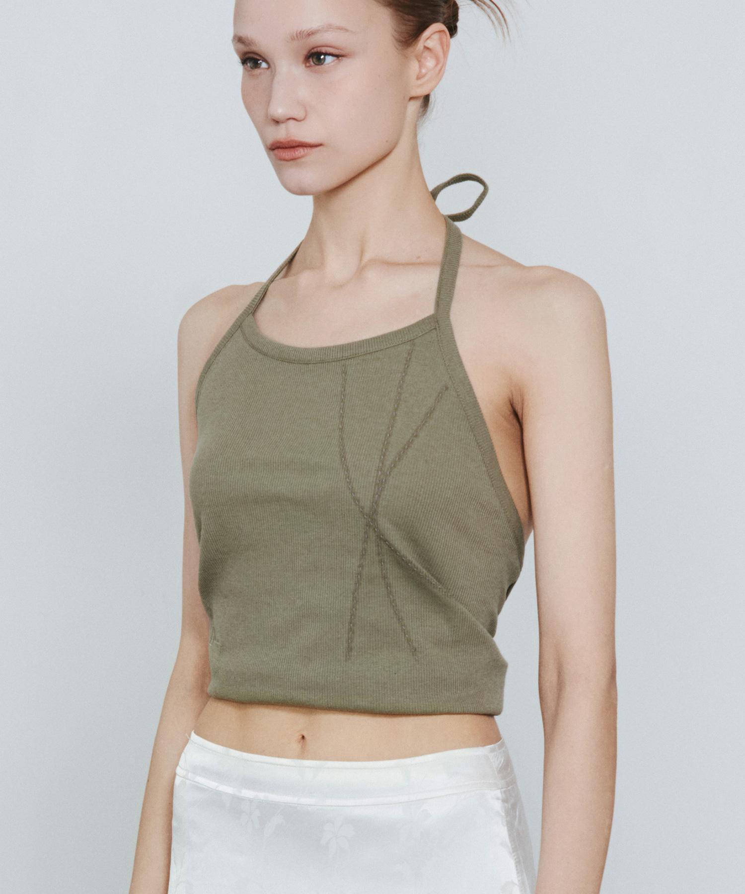 D So H Side Logo Layered Halter Neck Sleeveless Top Olive/Khaki Free