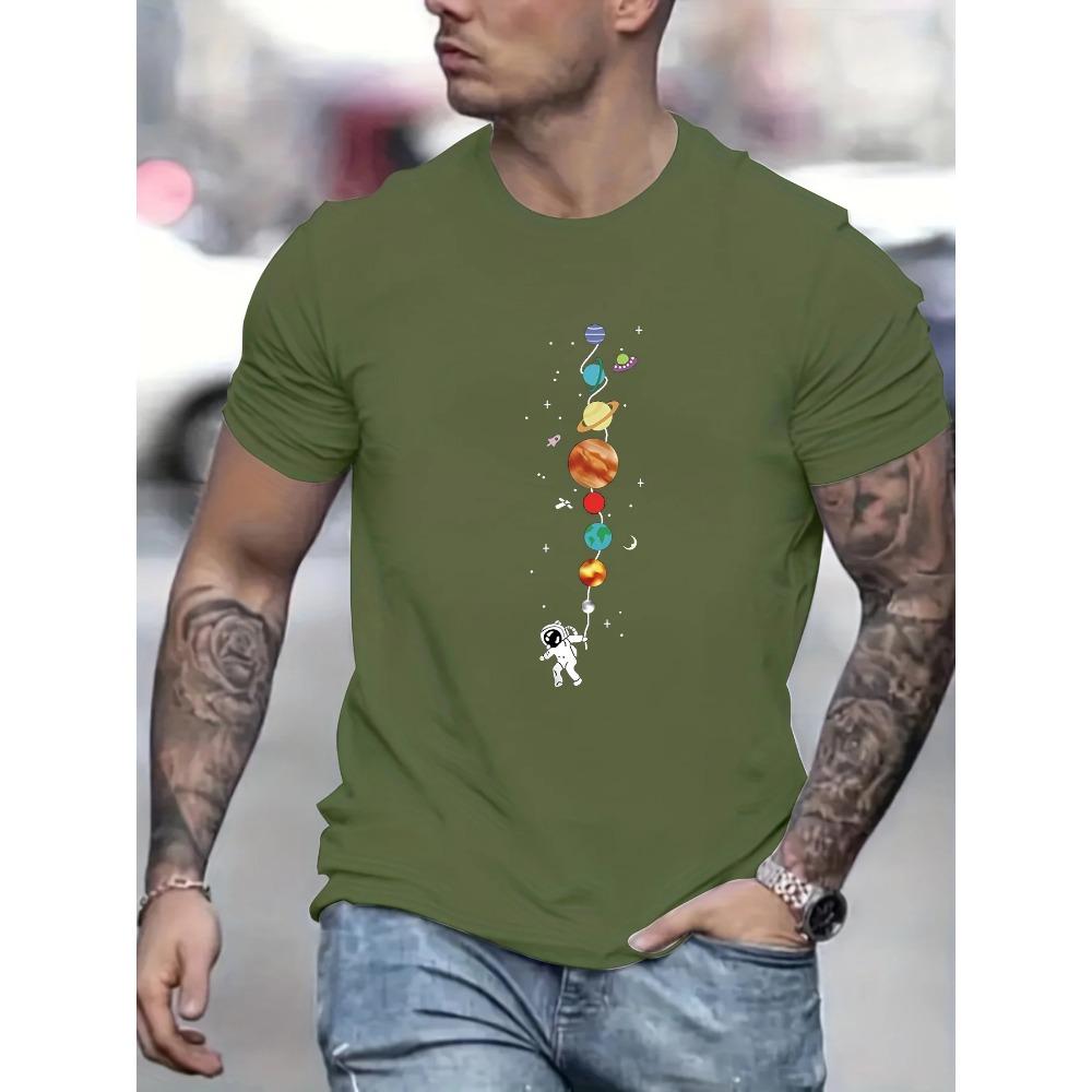 T-shirt Homme 100% Coton Pur Été Coupe Ample Imprimé Motif Planète Astronaute Décontracté Confortable Col Rond Manches Courtes Haut