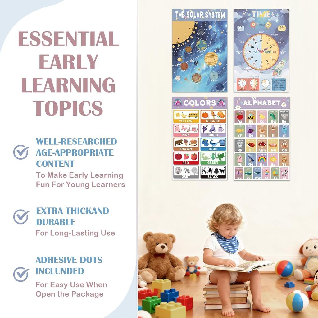 16 Educational Posters for Preschoolers, Laminated PreK Learning Poster Charts for Toddlers 1-3, Learning Wall Charts for Kids’ Bedroom, Playroom,