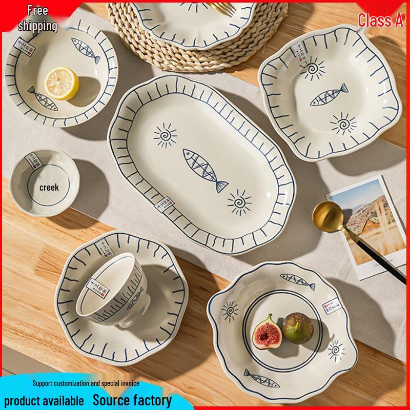 Japanese Ceramic Dinnerware Set: Includes Round & Square Plates, Fish & Steaming Plates, Side Dish Plates, and Bowls.