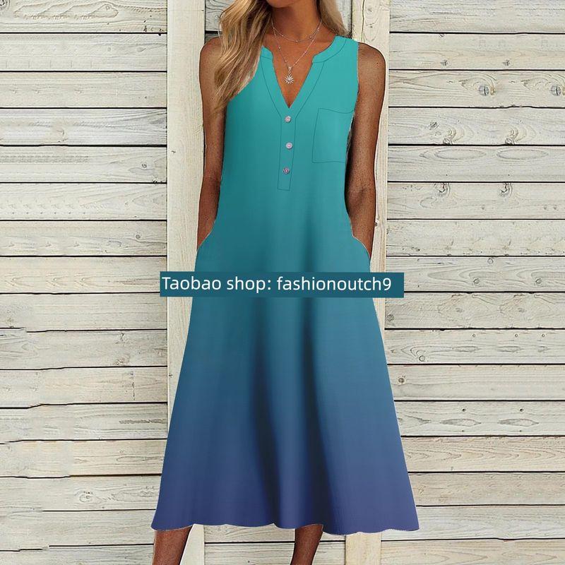 

2024 Fashion Pocket V-neck Stripe Sleeveless Casual Dress Color 16