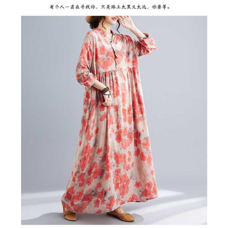 New Retro Printed Loose Belly Shading Mulle Lace Long Sleeve Dresses