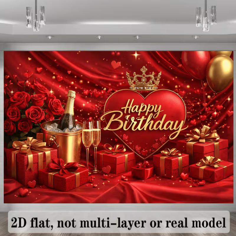 2D Romantic Red Gold Happy Birthday Backdrop for Birthday Photoshoot
