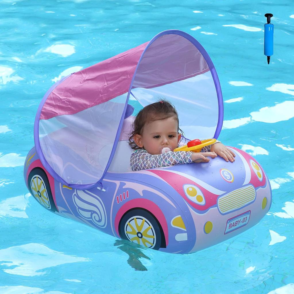 Baby Inflatable Ring, Car Shape, Cute Design, for Summer Water Play, Beach, Pool, Outdoors, UV Protection (SPF50+), Removable Roof, Baby Float,
