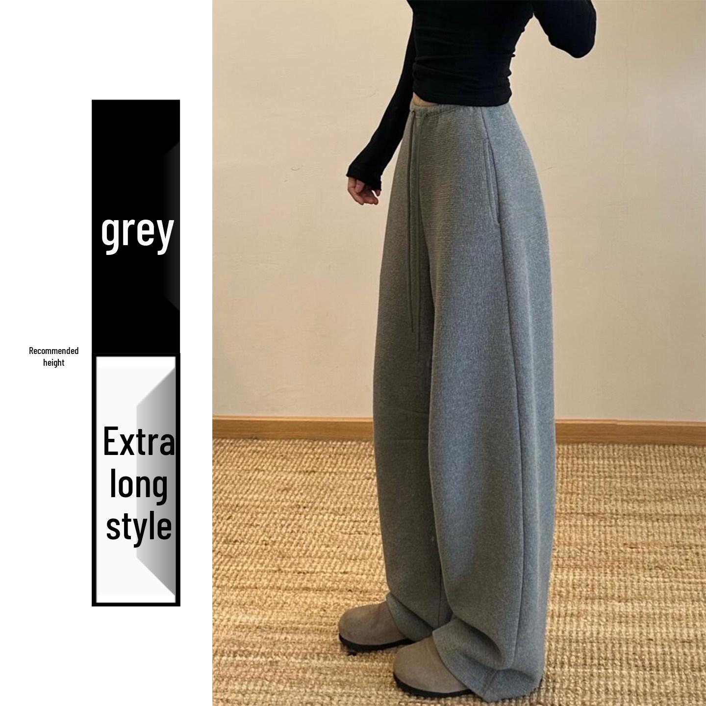 Women s Gray Korean Low-Waist Curved Wide-Leg Pants: Fleece-Lined, Autumn/Winter 2026 Casual Style XL
