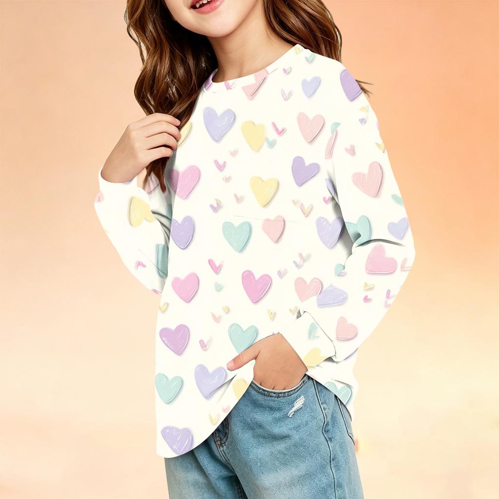 Kids Long Sleeve Printed Round Neck T-Shirt with Pocket Casual Top