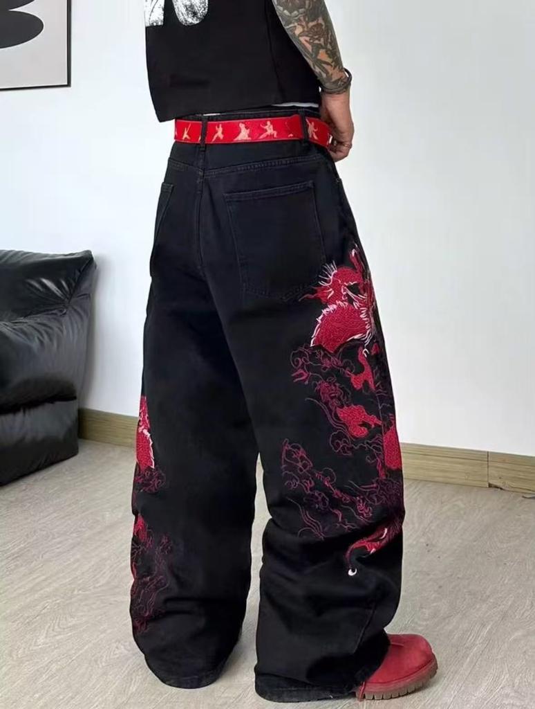 American Street Original Black Niche Dragon Pattern Embroidery Design Jeans Men's Loose Wide-leg Long Jeans