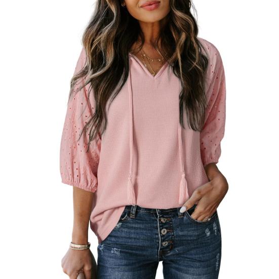 Women T-shirt V-Neck Jacquard Decor 3/4 Sleeves Pullover Tops Solid Color Loose Fit Tops Party Daily Wear