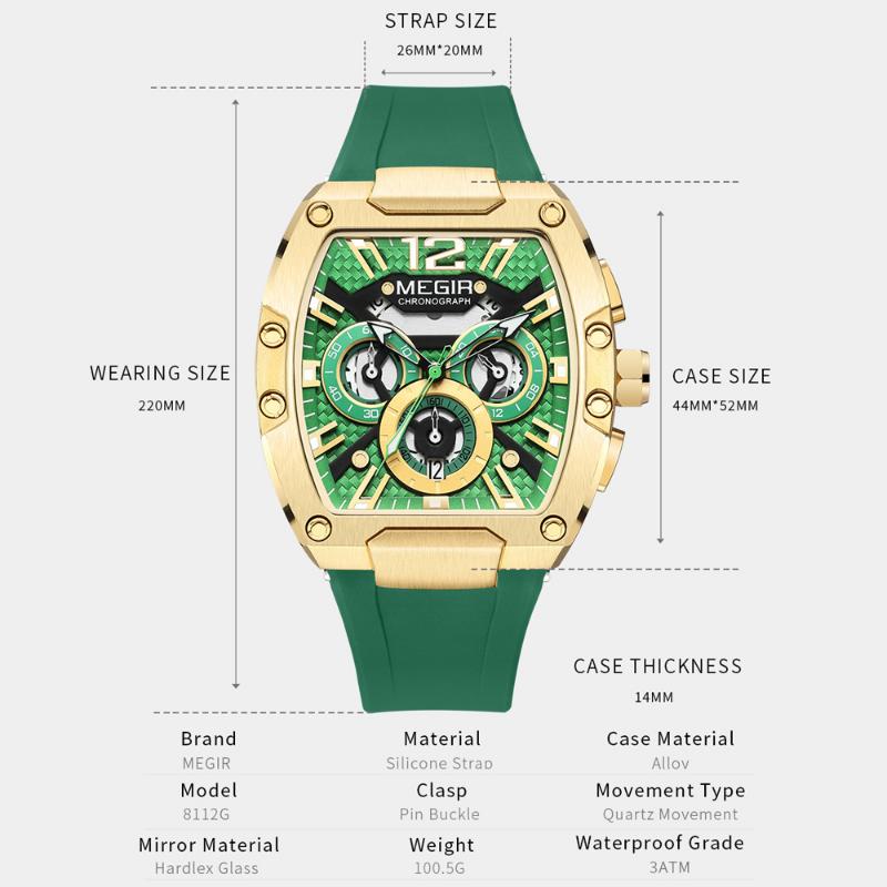 MEGIR Tonneau Fashion Men's Quartz Watches Brand Waterproof Chronograph Sports Wristwatch Silicone Strap Auto Date