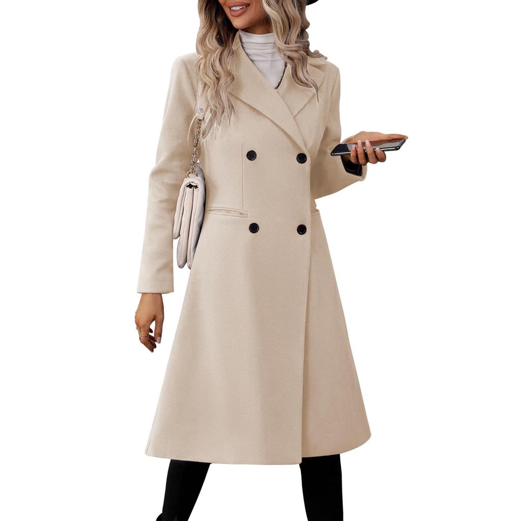 Women's Casual And Stylish Long Solid Color Wool Coat With Double-breasted Lapel