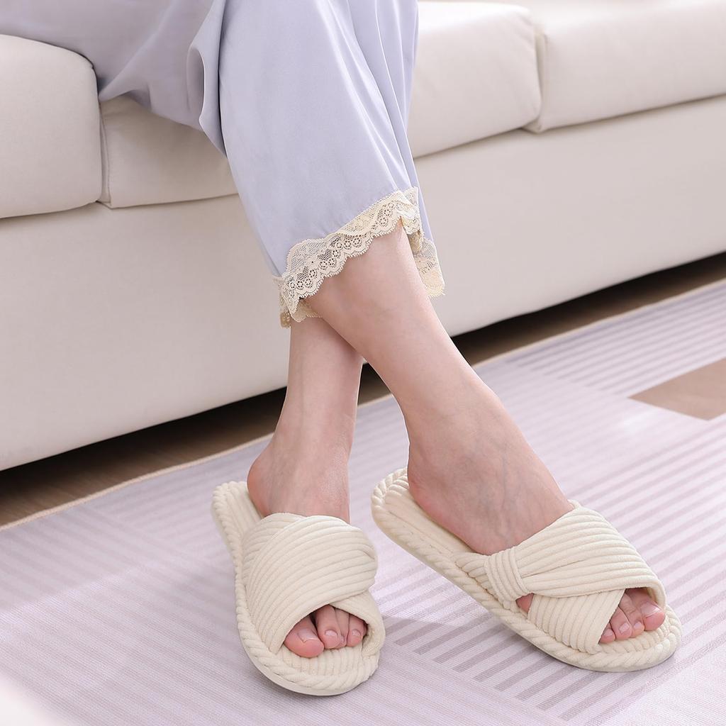 Fashion Kidmi Corduroy Women Slippers Indoor Open Toe House Shoes Memory Foam Slides With Adjustable Bow Strap Spring New Lady Slippers