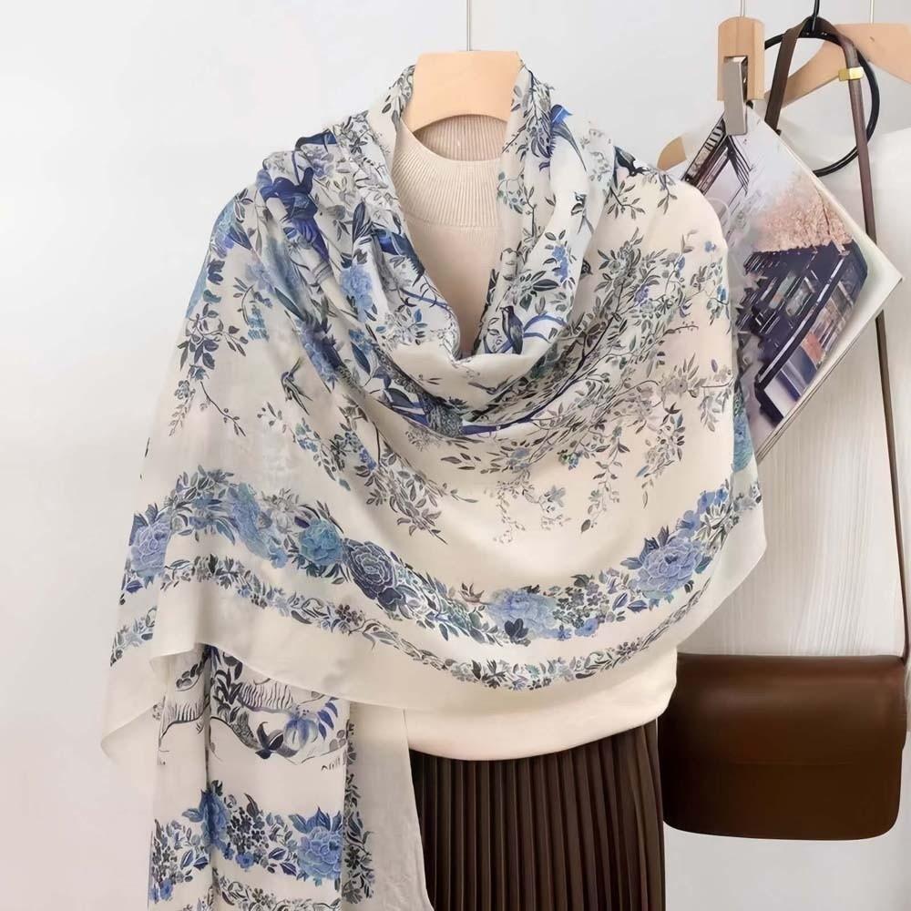 Breathable Thin Large Shawl Bird Patterned Sunscreen Headscarf Fashion Women Floral Scarf  Girls