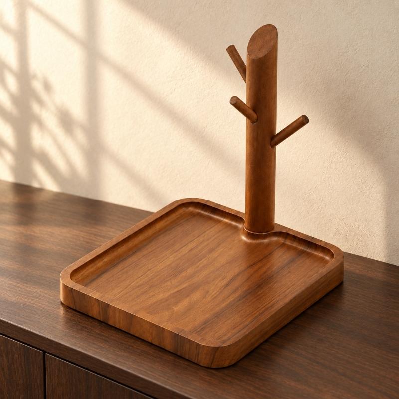 Entryway Key Holder and Jewelry Stand with Branched Hanging Pegs, Recessed Tray, and Removable Solid Wood Post