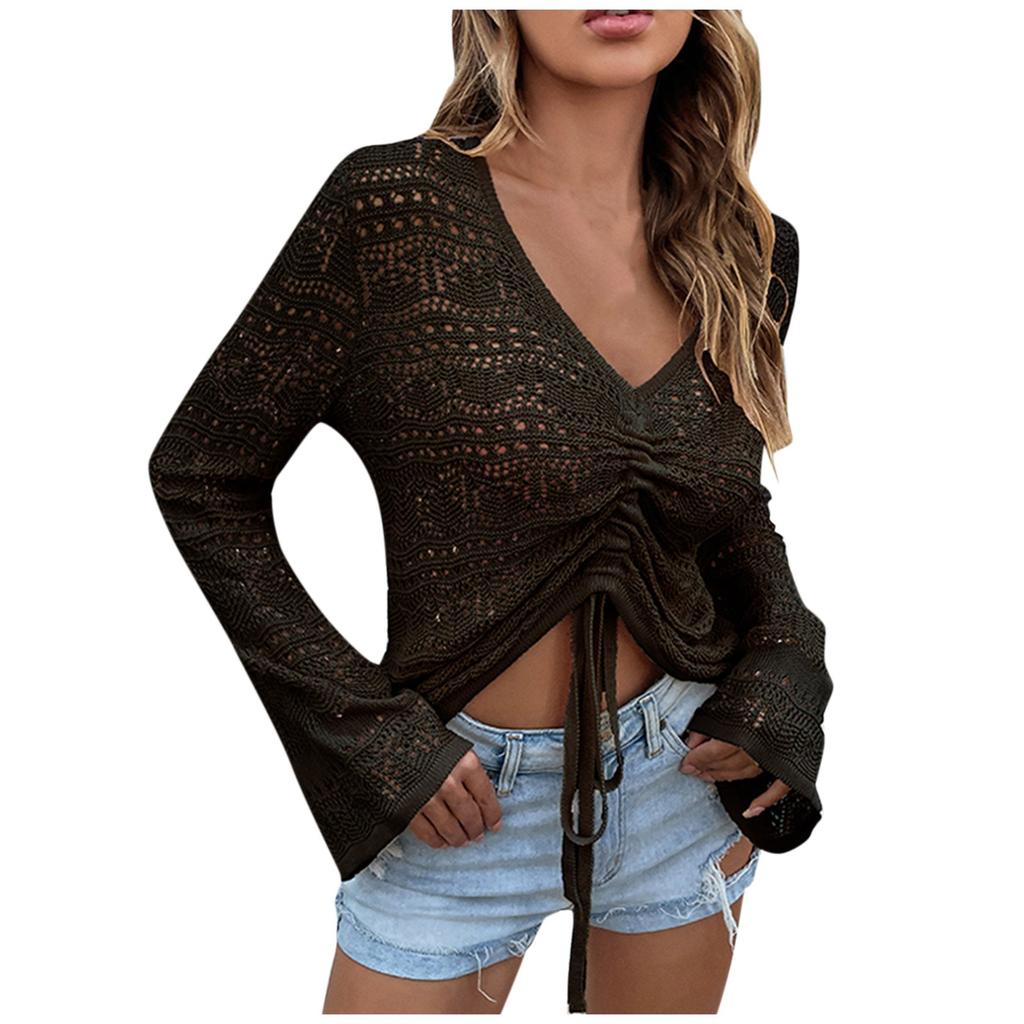 Women's Fashion Knitted V-Neck Hollowed Out Drawstring Flared Sleeve Jumper