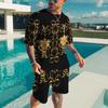 Summer Quick Drying Men's Sports Set 2-Piece 3D Printing Gold Line Black Set European Luxury Style Men's T-shirt+Beach Pants