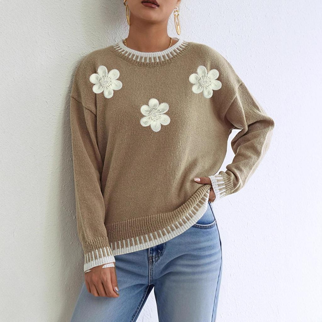 Color-blocking and Patchwork Casual Pullover Loose Sweater, Three-dimensional Flower Embroidery Beaded Women's Top