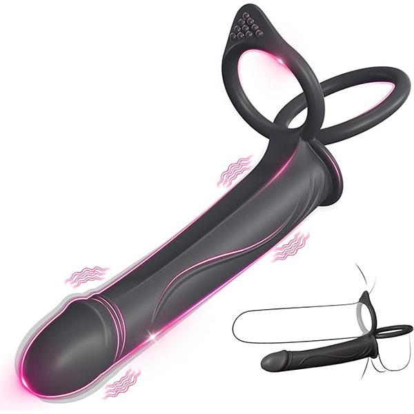 Umschnalldildo für Männer mit vibrierendem Penisring, Penishüllen-Vibrator, Sexspielzeug mit 10 Vibrationen, Doppeldildo für das Vergnügen von Männern, Paaren und Frauen