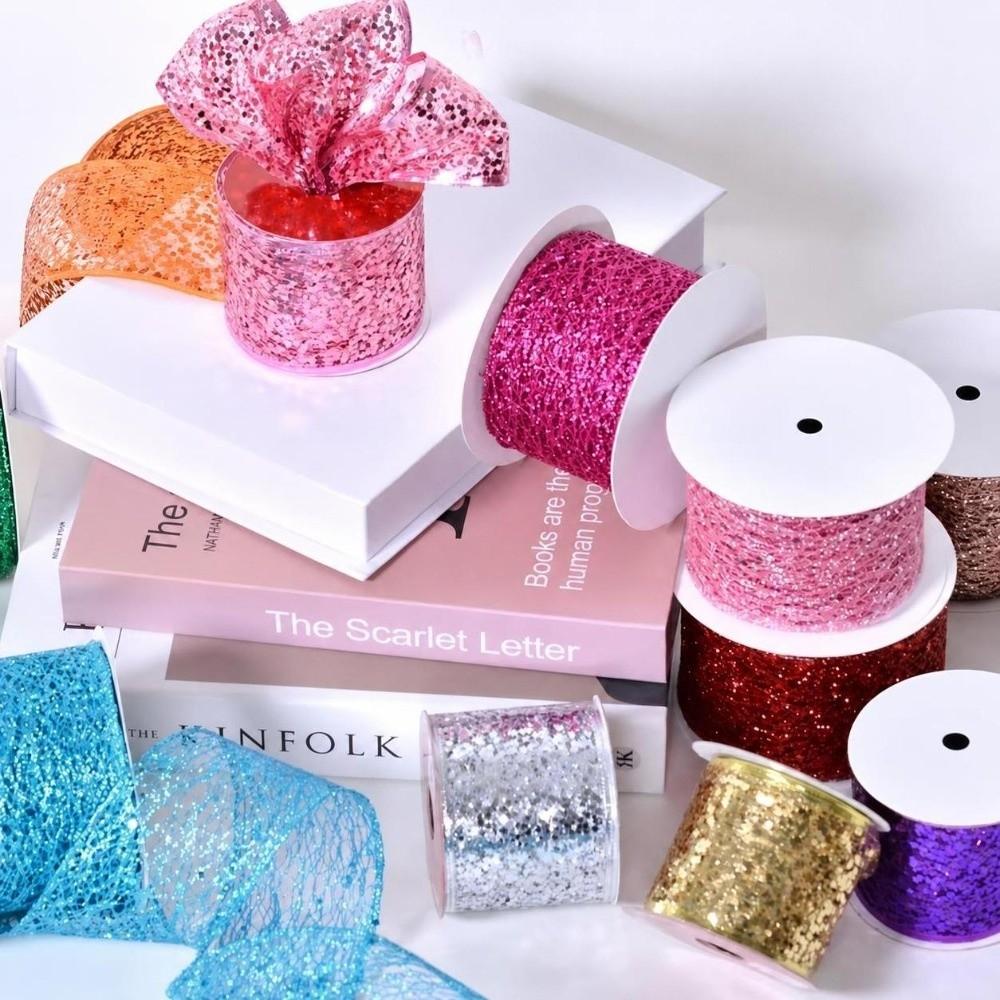 10 Yards/Roll Glitter Mesh Ribbon 63mm Width Glitter Sequins Wired Edge Ribbon Gauze Fabric Sparkling Mesh