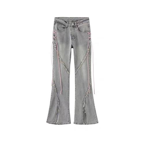 

Летние джинсовые винтажные милые брюки, женские тонкие корейские повседневные расклешенные брюки на шнуровке, женские японские французские элегантные джинсы с открытой вилкой, новые S синий